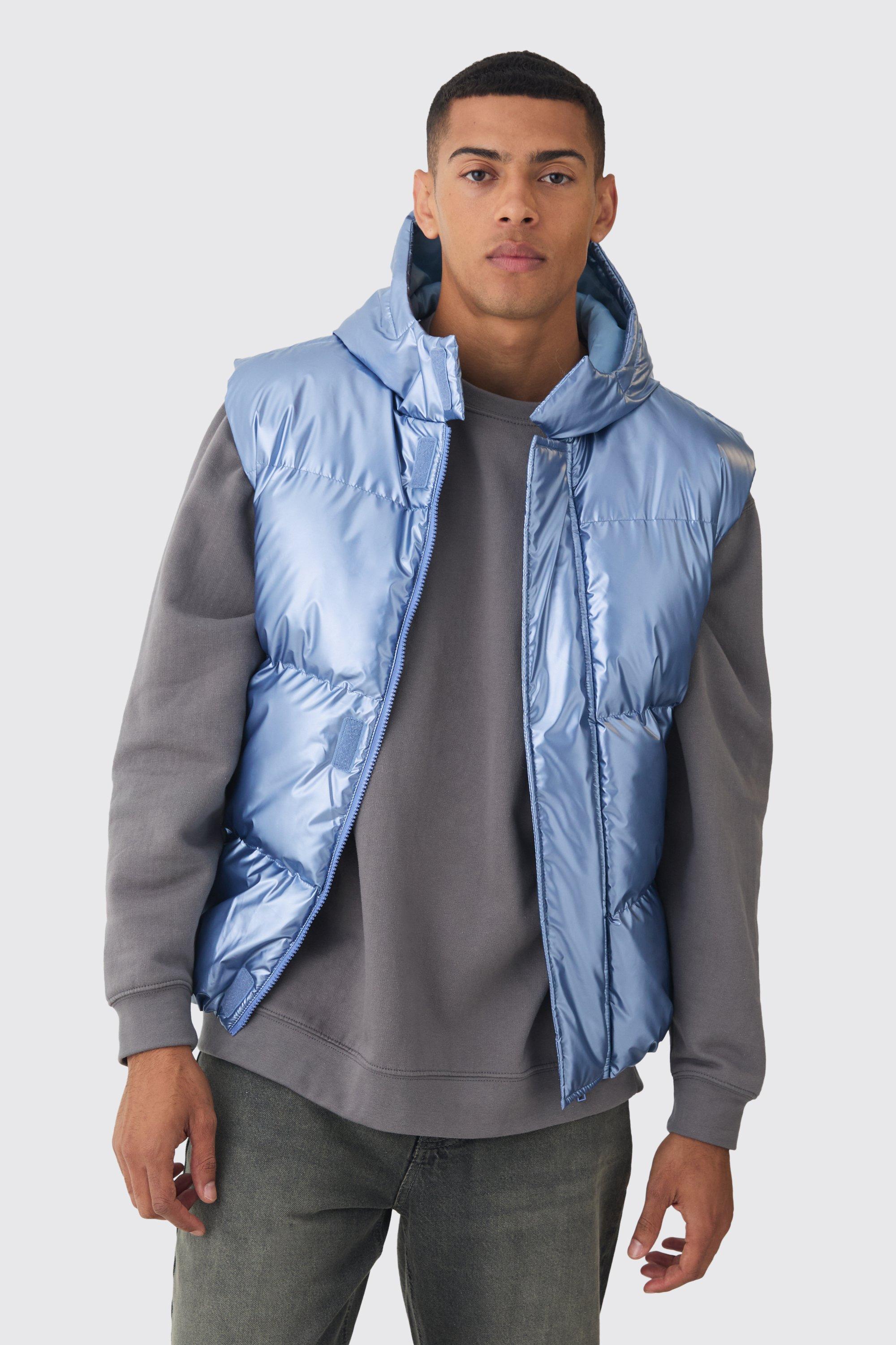 Metallic Hooded Puffer Vest In Light Blue